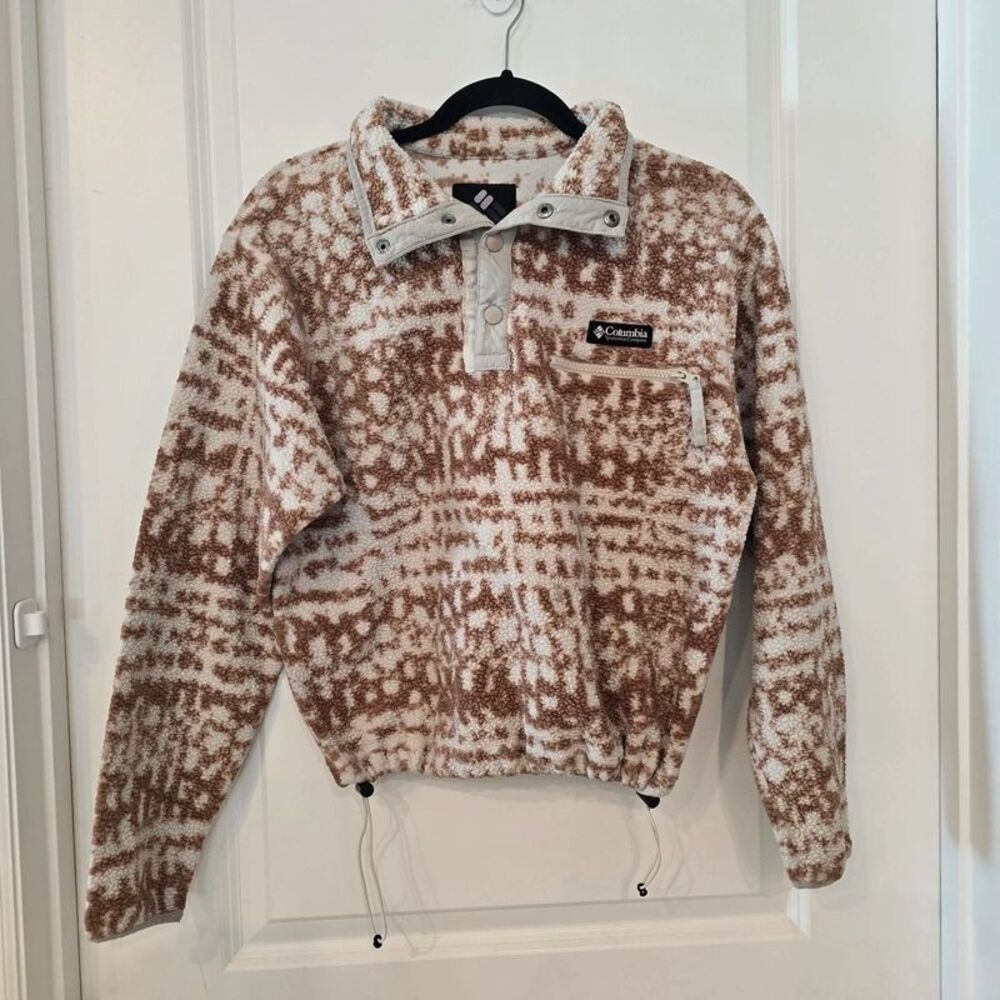 Columbia Women’s Small Sherpa Fleece Pullover Brown Cream Geometric Print